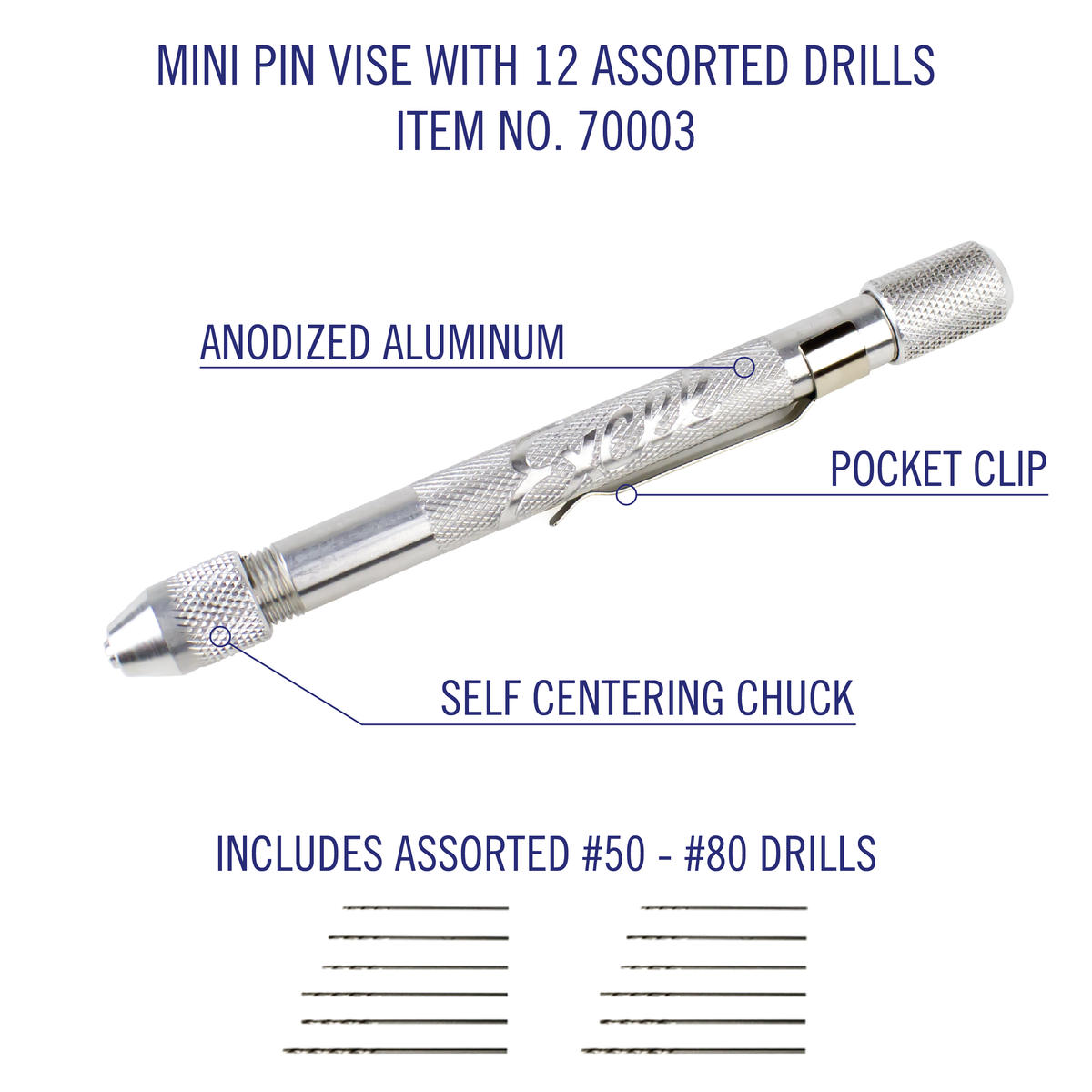 Excel Blades Mini Pin Vise with 12 assorted drills. includes #50-#80 size drills. Anodized aluminum. Featured a pocket clip and a self centering chick. Drills are stored inside.