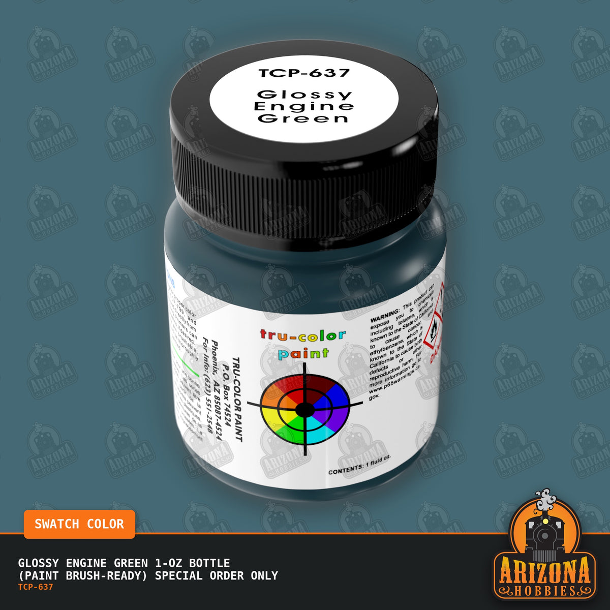 Glossy ENGINE GREEN 1-oz bottle (Paint brush) SPECIAL ORDER ONLY-with color swatch-Arizona Hobbies