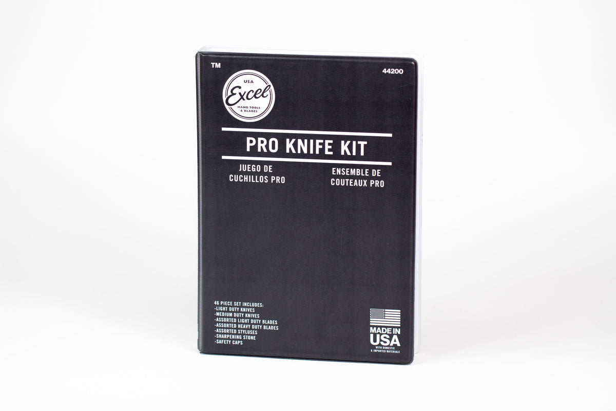 closed view of Hobby Knife Set includes knife handles and 43 assorted blades. Made in the USA.