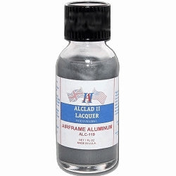 Alclad II airframe aluminum lacquer paint in a 1-ounce bottle for model construction and finishing