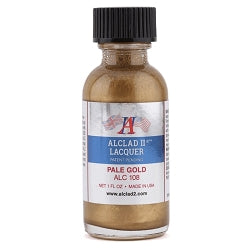 Alclad II Pale Gold Lacquer Paint for Models in a 1 oz bottle, ideal for detailed finishes.