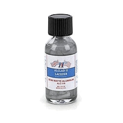 Alclad II semi-matte aluminum lacquer paint in a 1-ounce bottle for model finishes and detail work