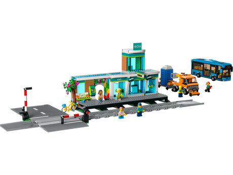 LEGO City 60335 Train Station set with terminal, bus, road-and-rail truck and minifigures