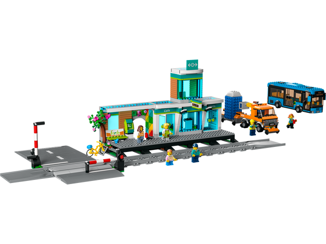 LEGO City 60335 Train Station set with terminal, bus, road-and-rail truck and minifigures