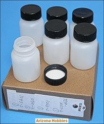 Box of 6 empty 1-ounce bottles Tru-Color Paint-with color swatch-Arizona Hobbies