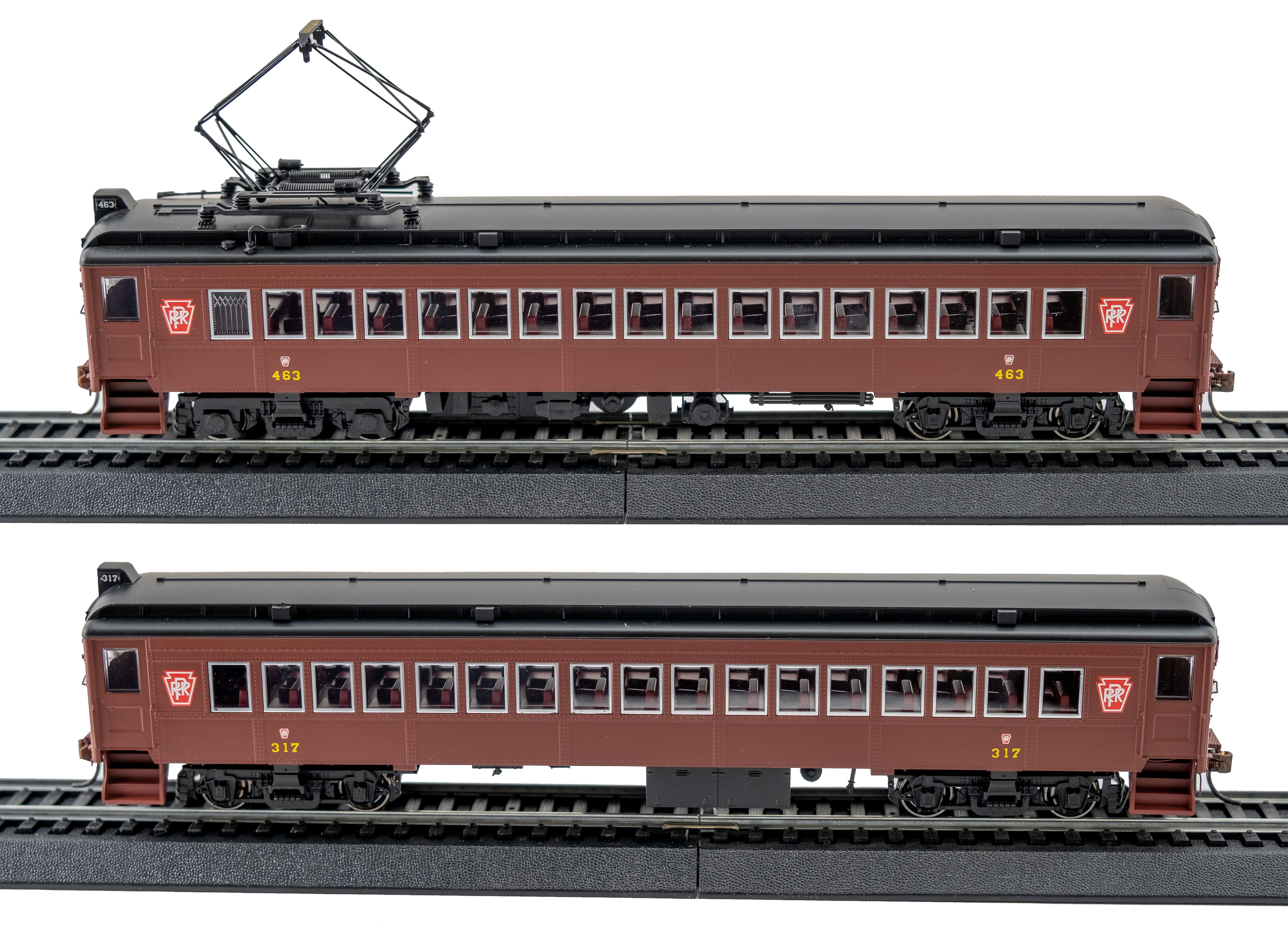 Con-Cor HO Scale MUmP54 Pennsylvania Keystone – Tuscan Red – Bride and Groom 2-Car Set (Powered #463 + Non-Powered #317)
