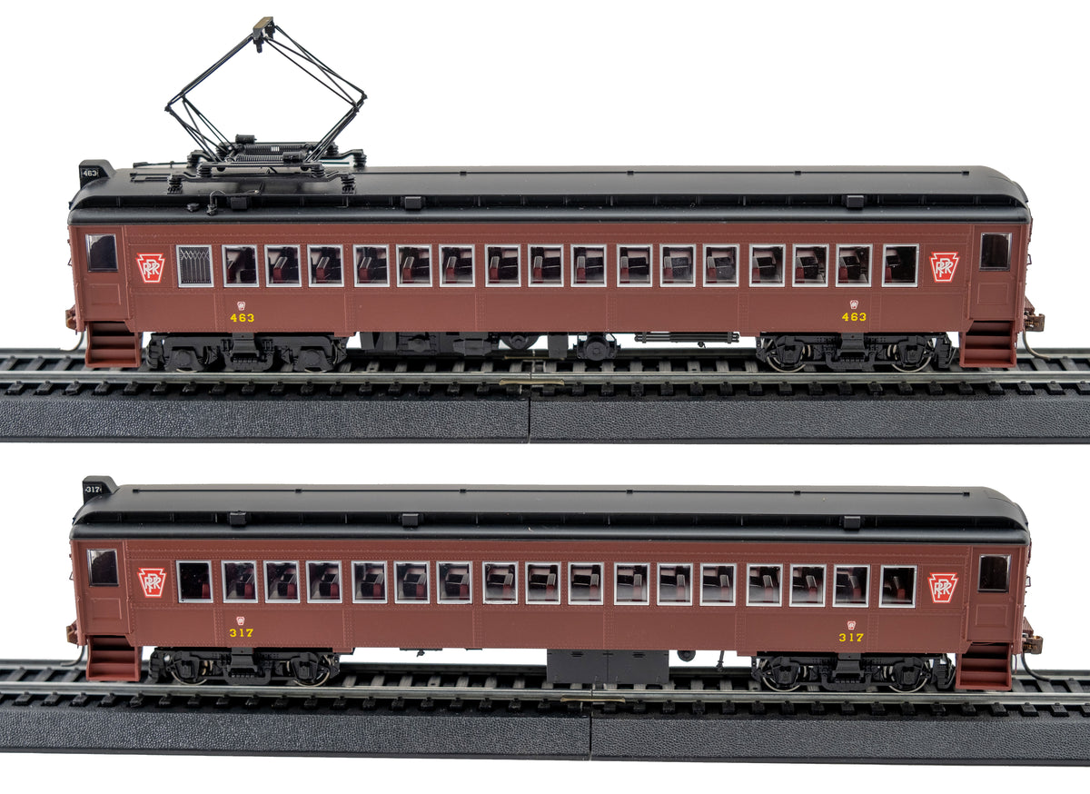 Con-Cor HO Scale MUmP54 Pennsylvania Keystone – Tuscan Red – Bride and Groom 2-Car Set (Powered #463 + Non-Powered #317)