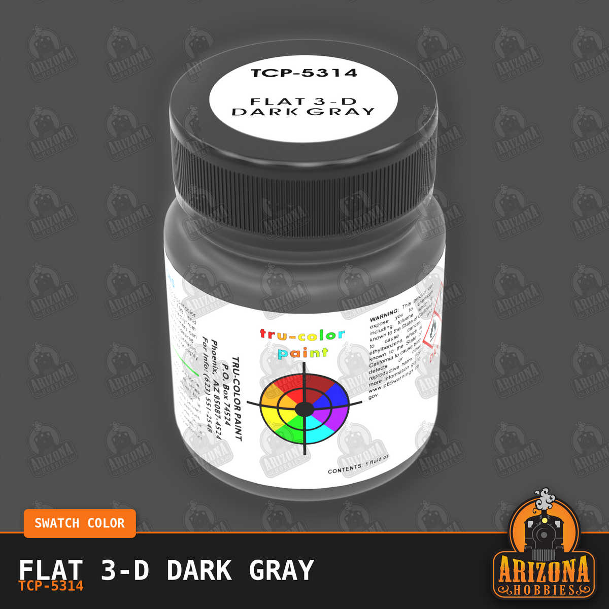 Flat 3-D DARK GRAY 1-oz bottle (Paint brush) Tru-Color Paint-with color swatch-Arizona Hobbies