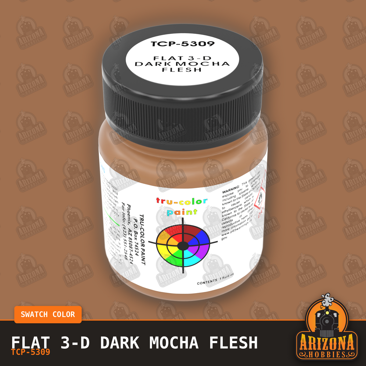 Flat 3-D DARK MOCHA FLESH 1-oz bottle (Paint brush) Tru-Color Paint-with color swatch-Arizona Hobbies