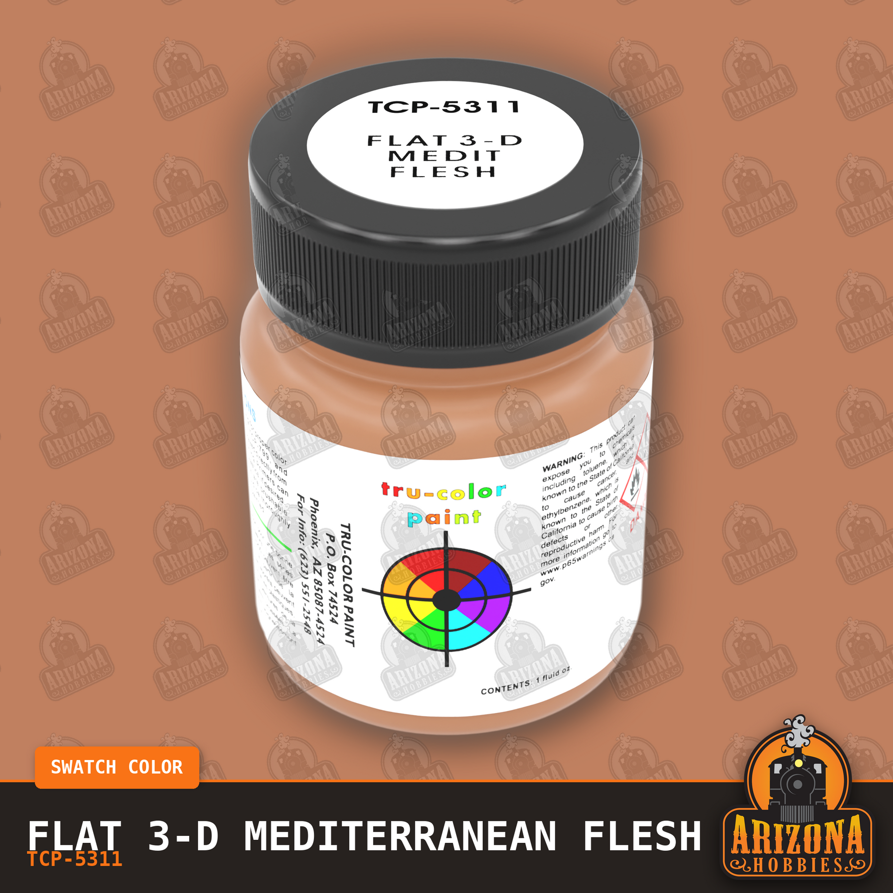 Flat 3-D MEDITERRANEAN FLESH 1-oz bottle (Paint brush) Tru-Color Paint-with color swatch-Arizona Hobbies