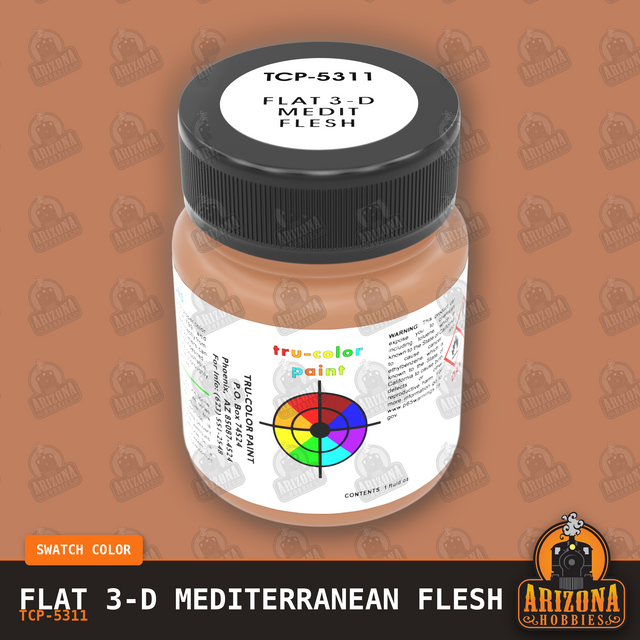 Flat 3-D MEDITERRANEAN FLESH 1-oz bottle (Paint brush) Tru-Color Paint-with color swatch-Arizona Hobbies