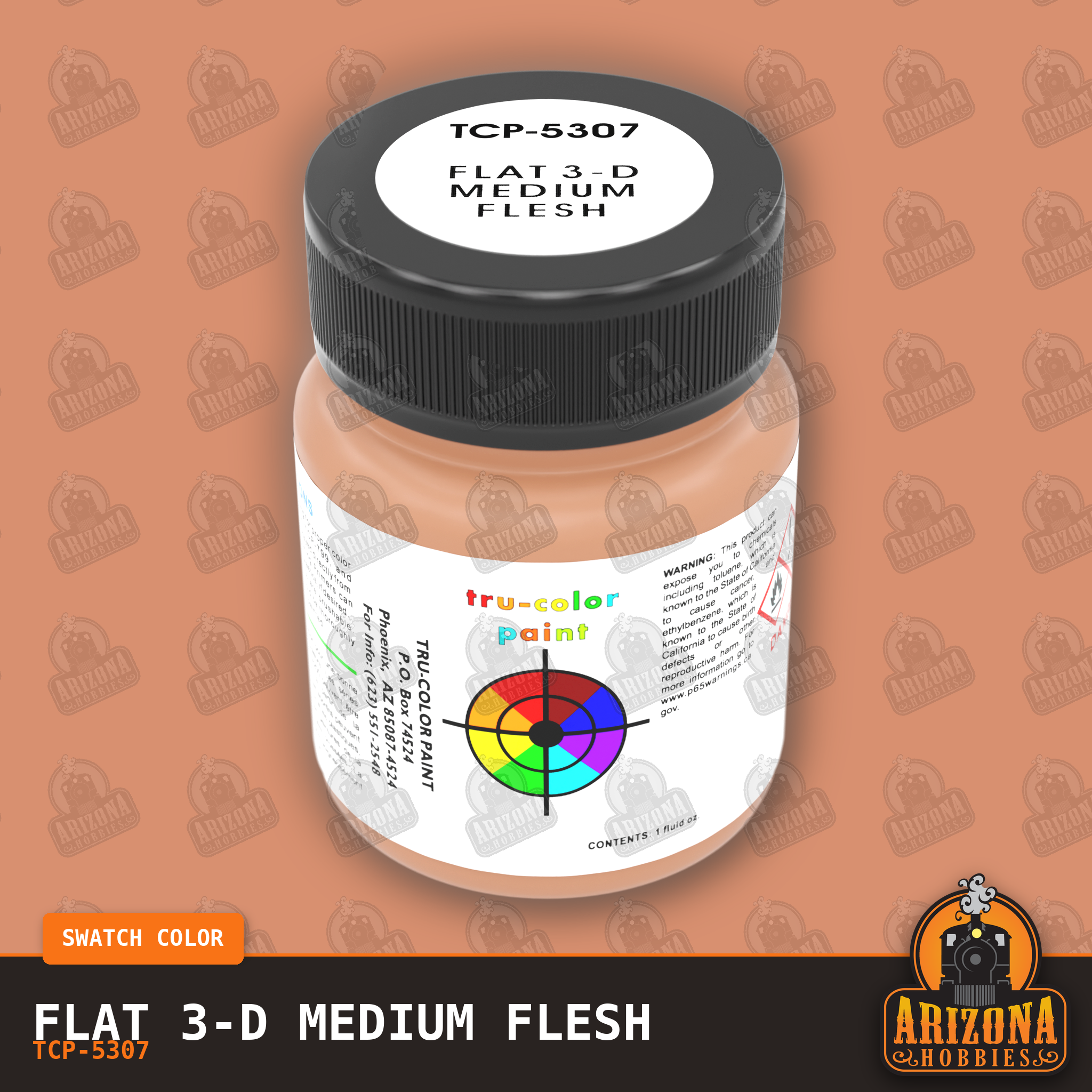 Flat 3-D MEDIUM FLESH 1-oz bottle (Paint brush) Tru-Color Paint-with color swatch-Arizona Hobbies