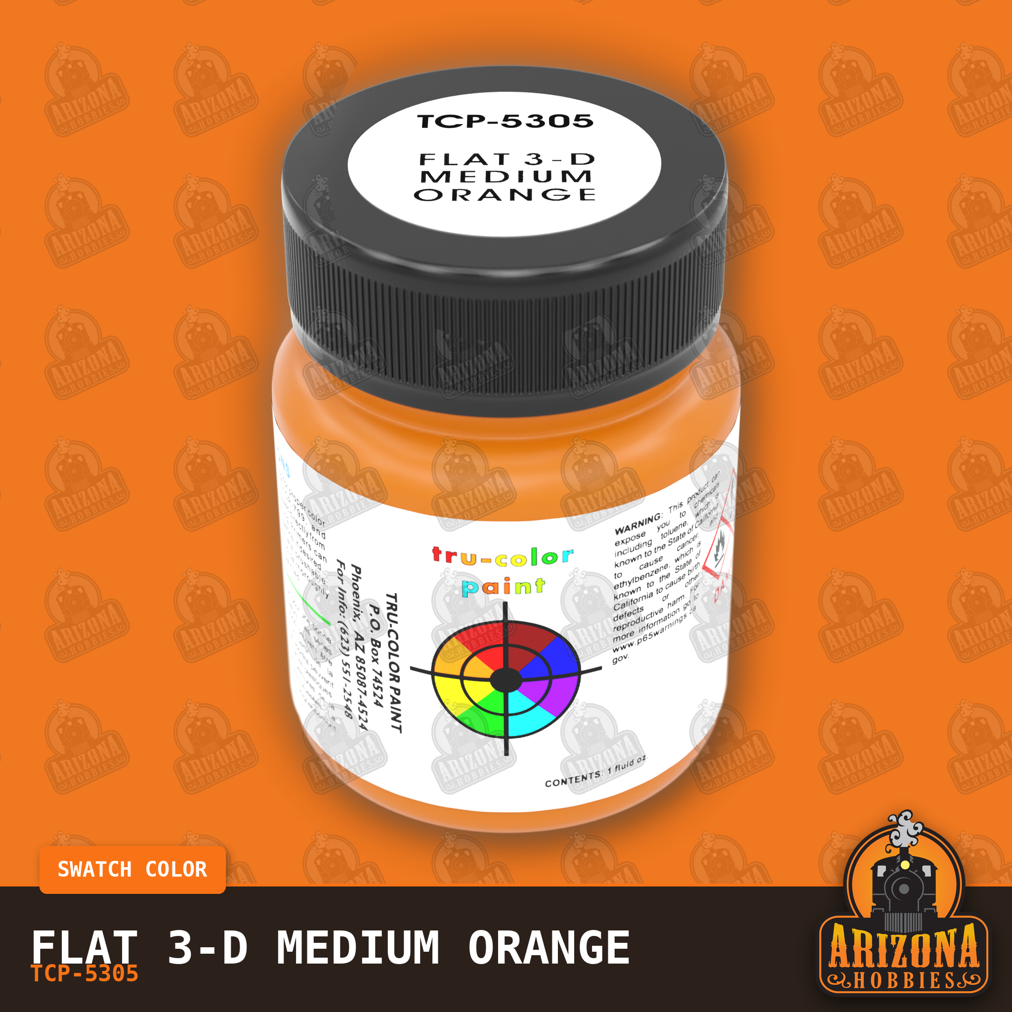 Flat 3-D MEDIUM ORANGE 1-oz bottle (Paint brush) Tru-Color Paint-with color swatch-Arizona Hobbies