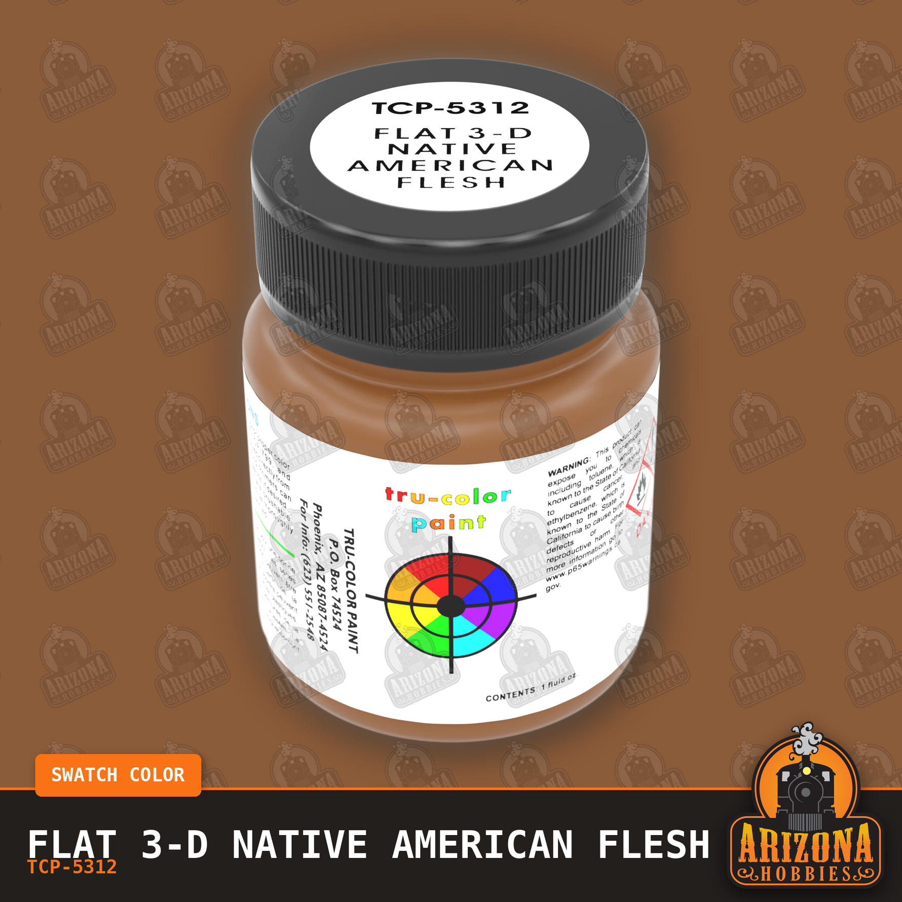 Flat 3-D NATIVE AMERICAN FLESH 1-oz bottle (Paint brush) Tru-Color Paint-with color swatch-Arizona Hobbies
