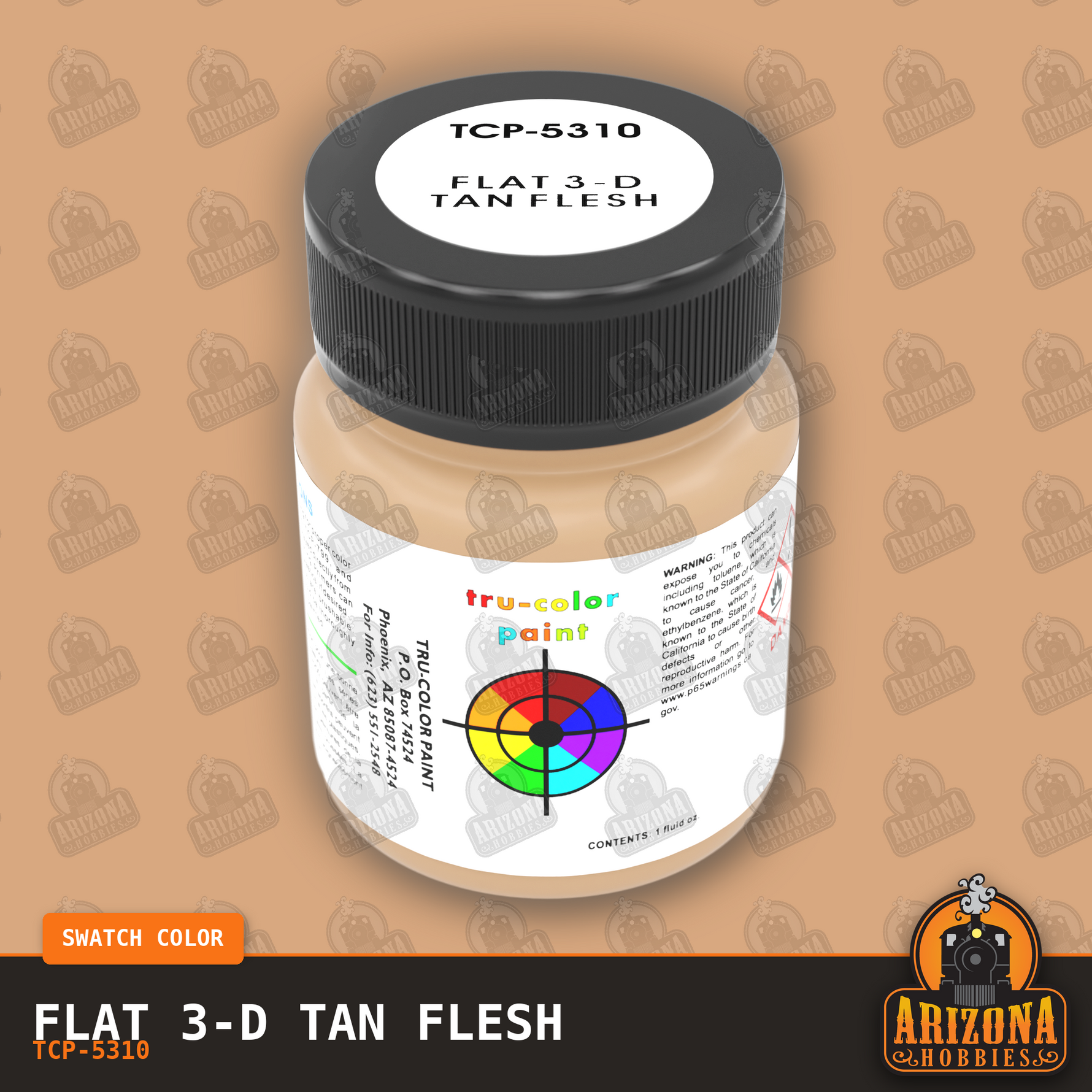 Flat 3-D TAN FLESH 1-oz bottle (Paint brush) Tru-Color Paint-with color swatch-Arizona Hobbies
