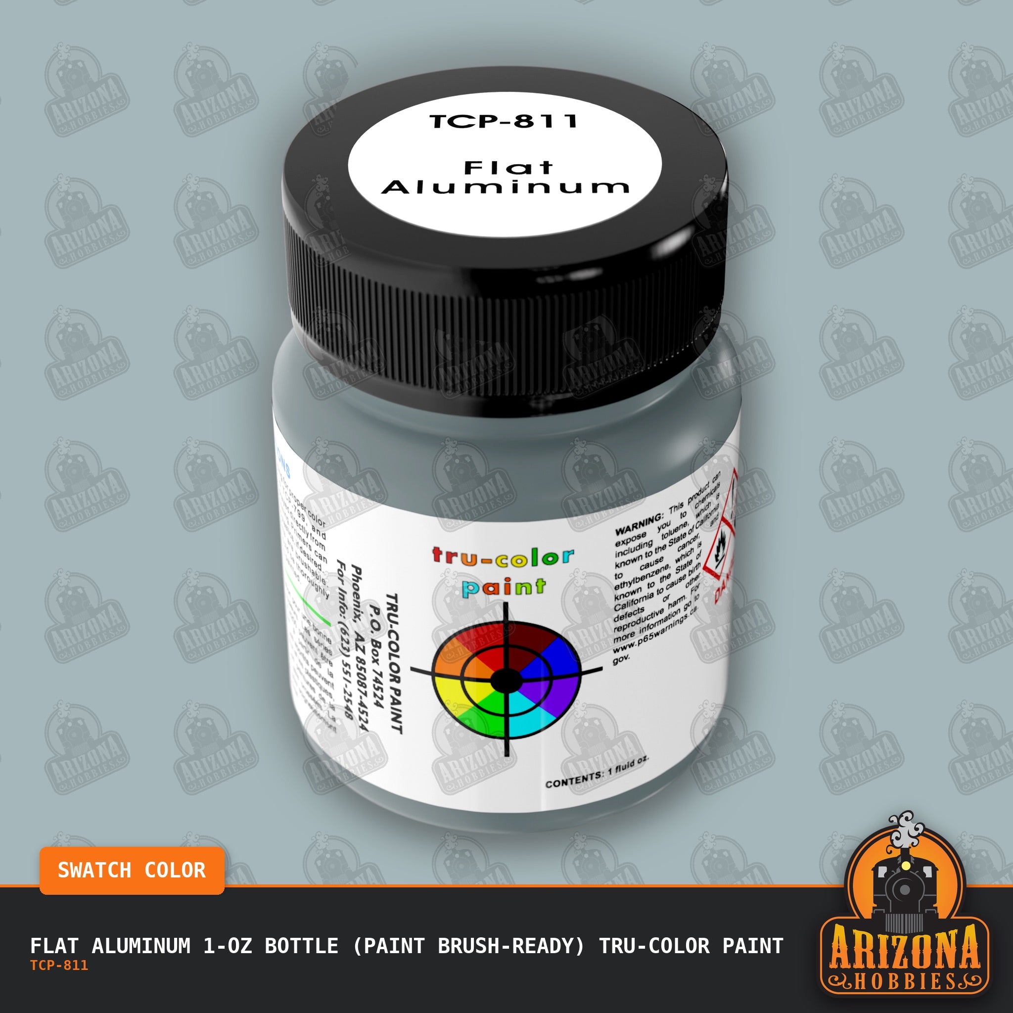 Flat ALUMINUM 1-oz bottle (Paint brush) Tru-Color Paint-with color swatch-Arizona Hobbies