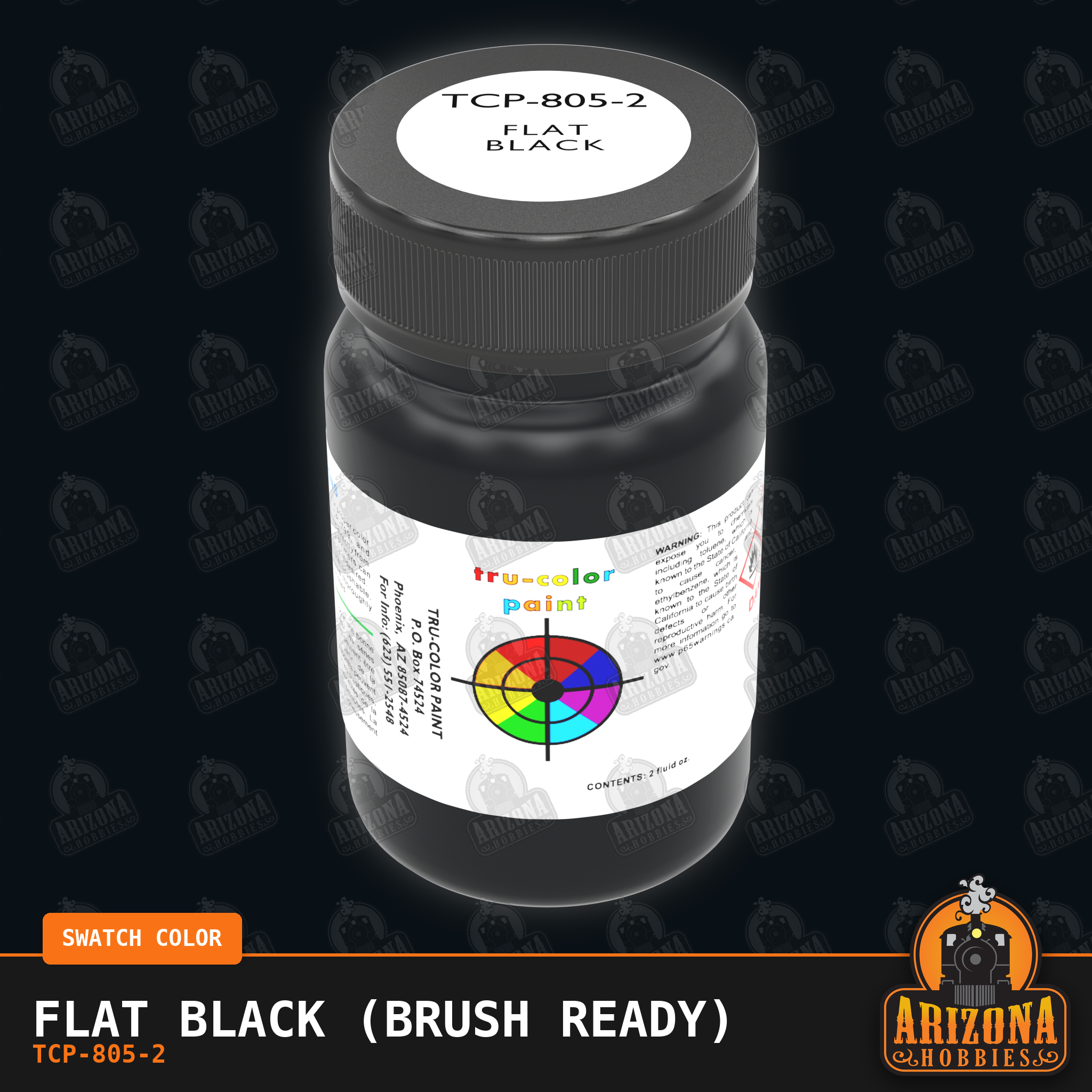 Flat BLACK 2-oz bottle (Paint brush) Tru-Color Paint SPECIAL ORDER ONLY-with color swatch-Arizona Hobbies
