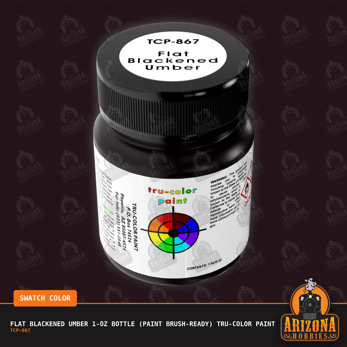 Flat BLACKENED UMBER 1-oz bottle (Paint brush) Tru-Color Paint-with color swatch-Arizona Hobbies