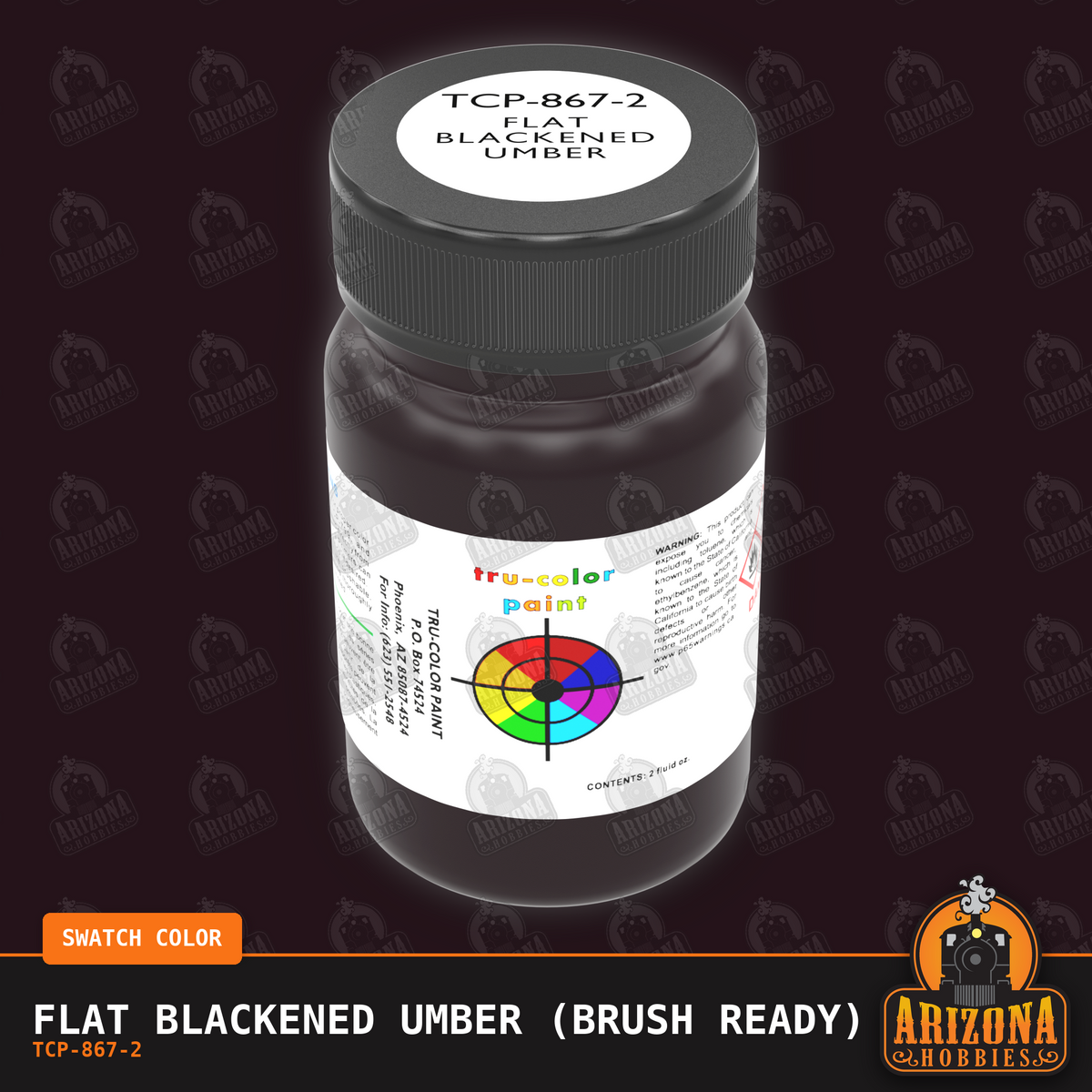 Flat BLACKENED UMBER 2-oz bottle (Paint brush) Tru-Color Paint SPECIAL ORDER ONLY-with color swatch-Arizona Hobbies
