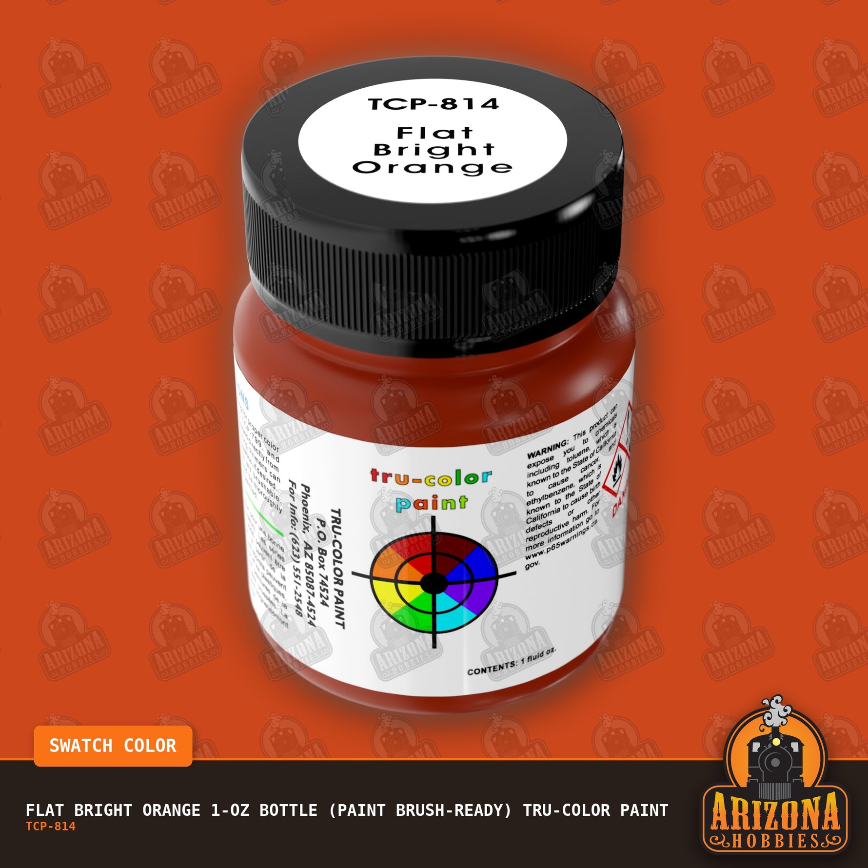 Flat BRIGHT ORANGE 1-oz bottle (Paint brush) Tru-Color Paint-with color swatch-Arizona Hobbies