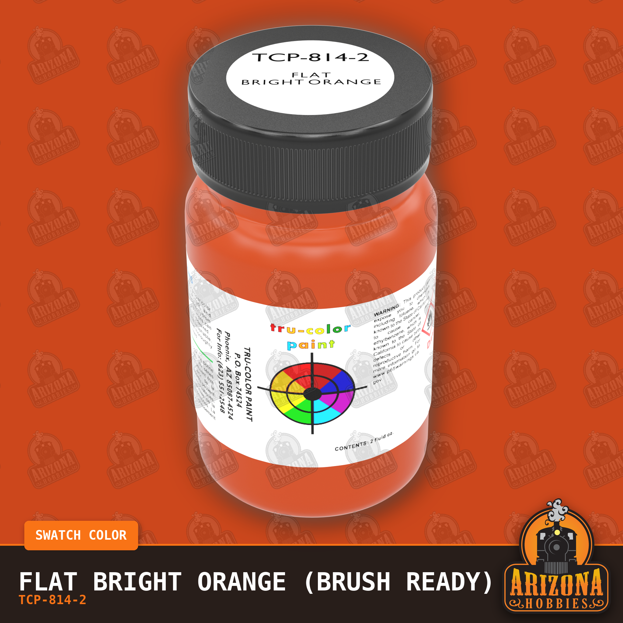 Flat BRIGHT ORANGE 2-oz bottle (Paint brush) Tru-Color Paint SPECIAL ORDER ONLY-with color swatch-Arizona Hobbies