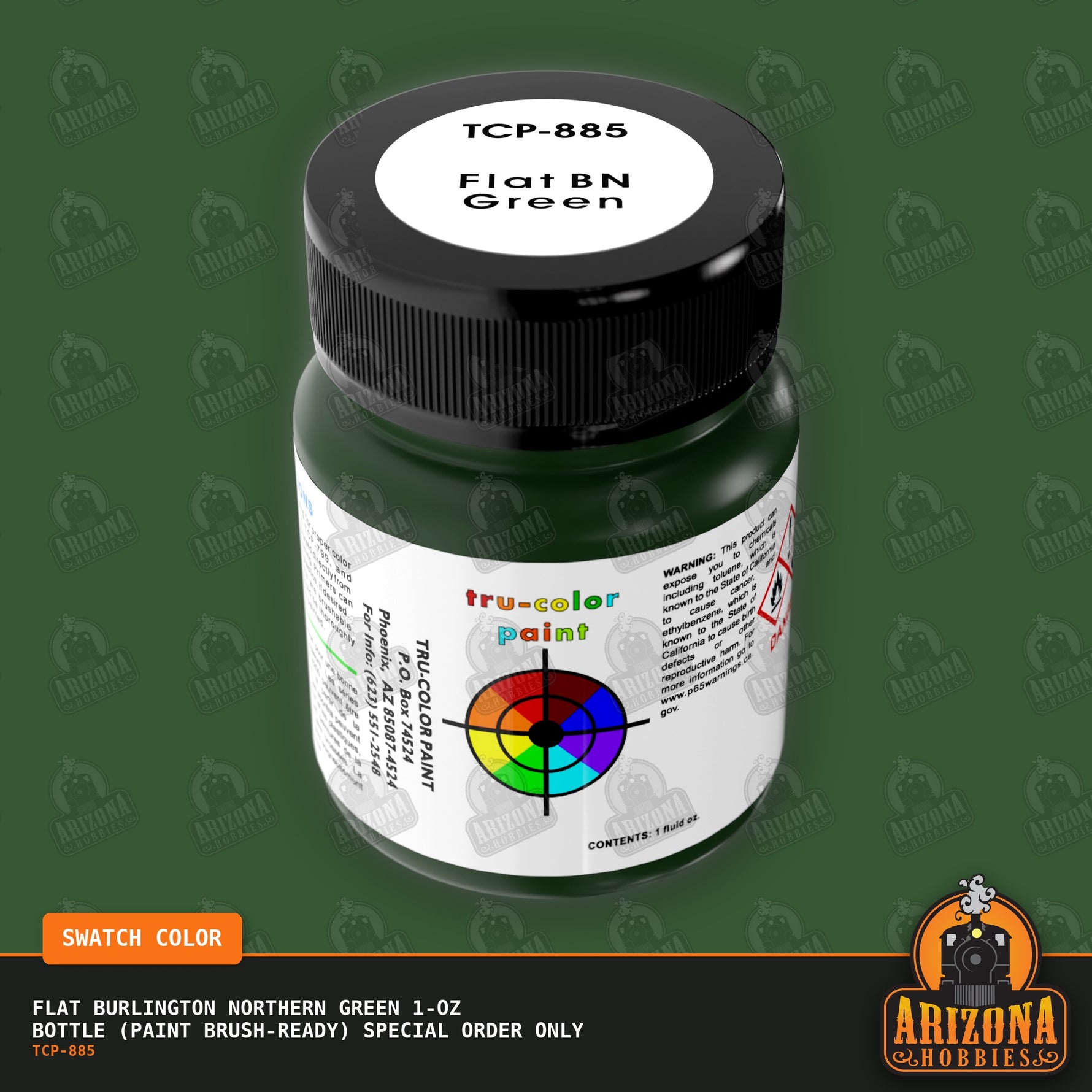 Flat Burlington Northern GREEN 1-oz bottle (Paint brush) SPECIAL ORDER ONLY-with color swatch-Arizona Hobbies