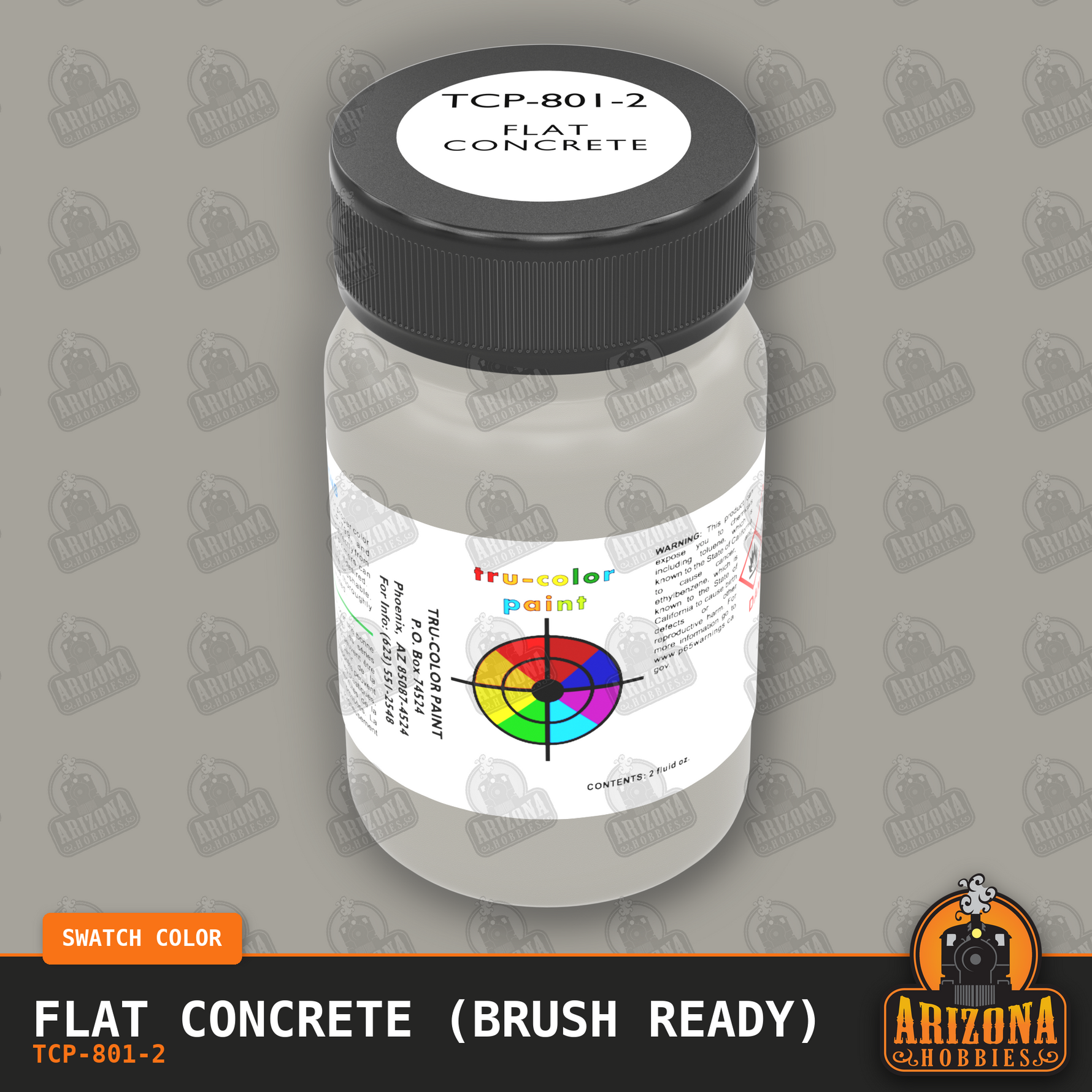 Flat CONCRETE 2-oz bottle (Paint brush) Tru-Color Paint SPECIAL ORDER ONLY-with color swatch-Arizona Hobbies