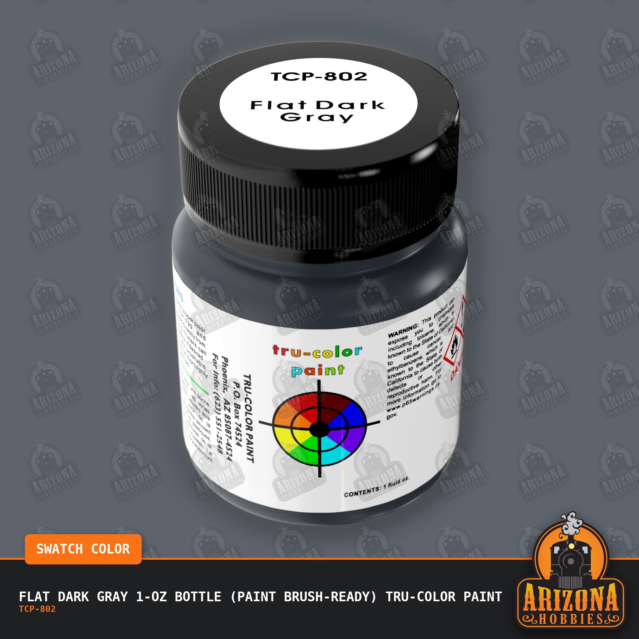 Flat DARK GRAY 1-oz bottle (Paint brush) Tru-Color Paint-with color swatch-Arizona Hobbies