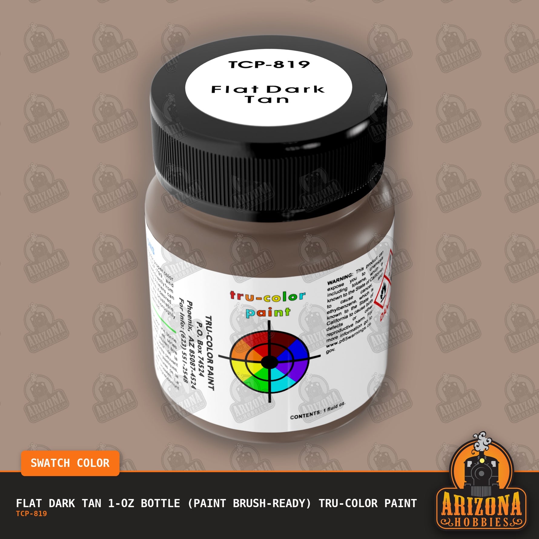 Flat DARK TAN 1-oz bottle (Paint brush) Tru-Color Paint-with color swatch-Arizona Hobbies