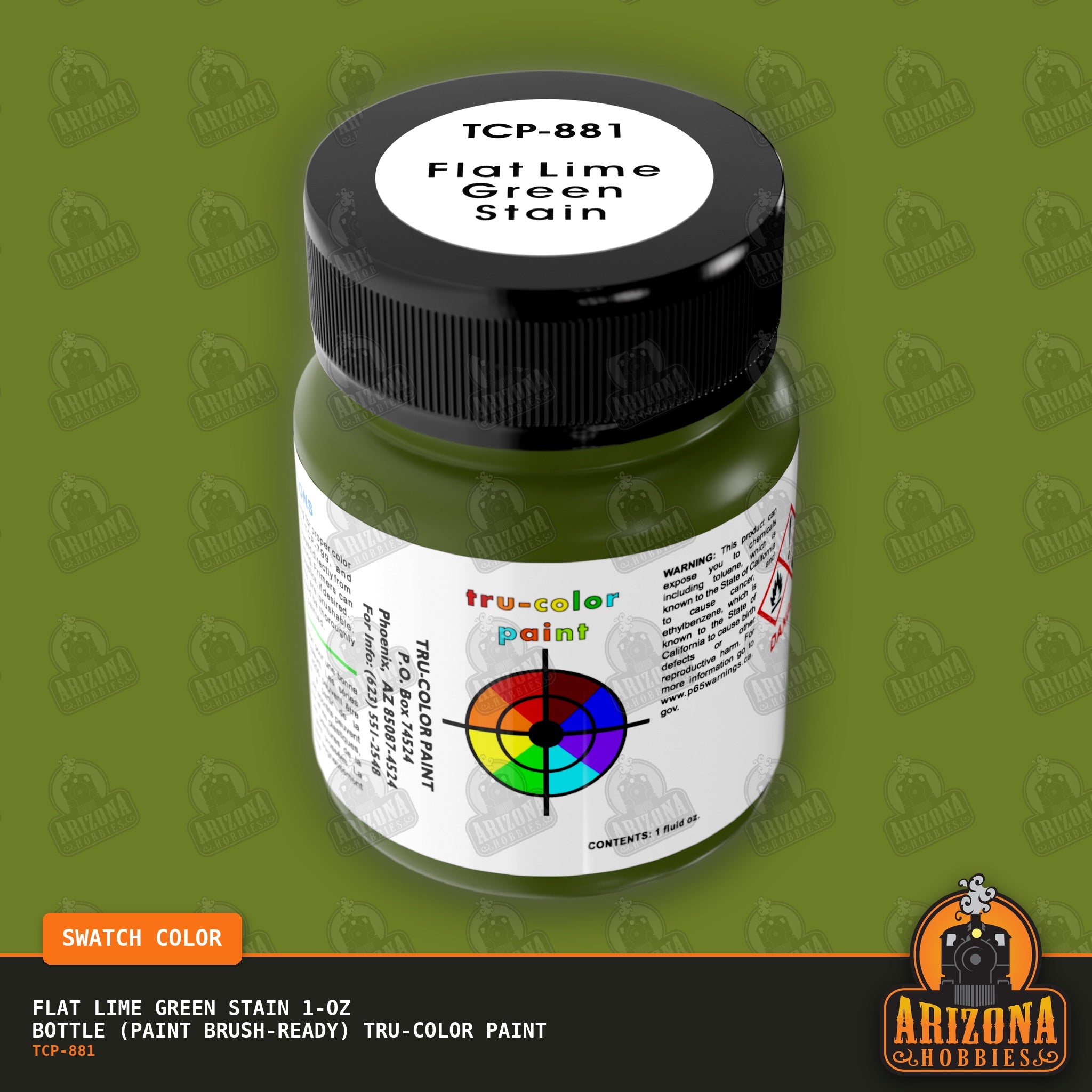 Flat LIME GREEN STAIN 1-oz bottle (Paint brush) Tru-Color Paint-with color swatch-Arizona Hobbies