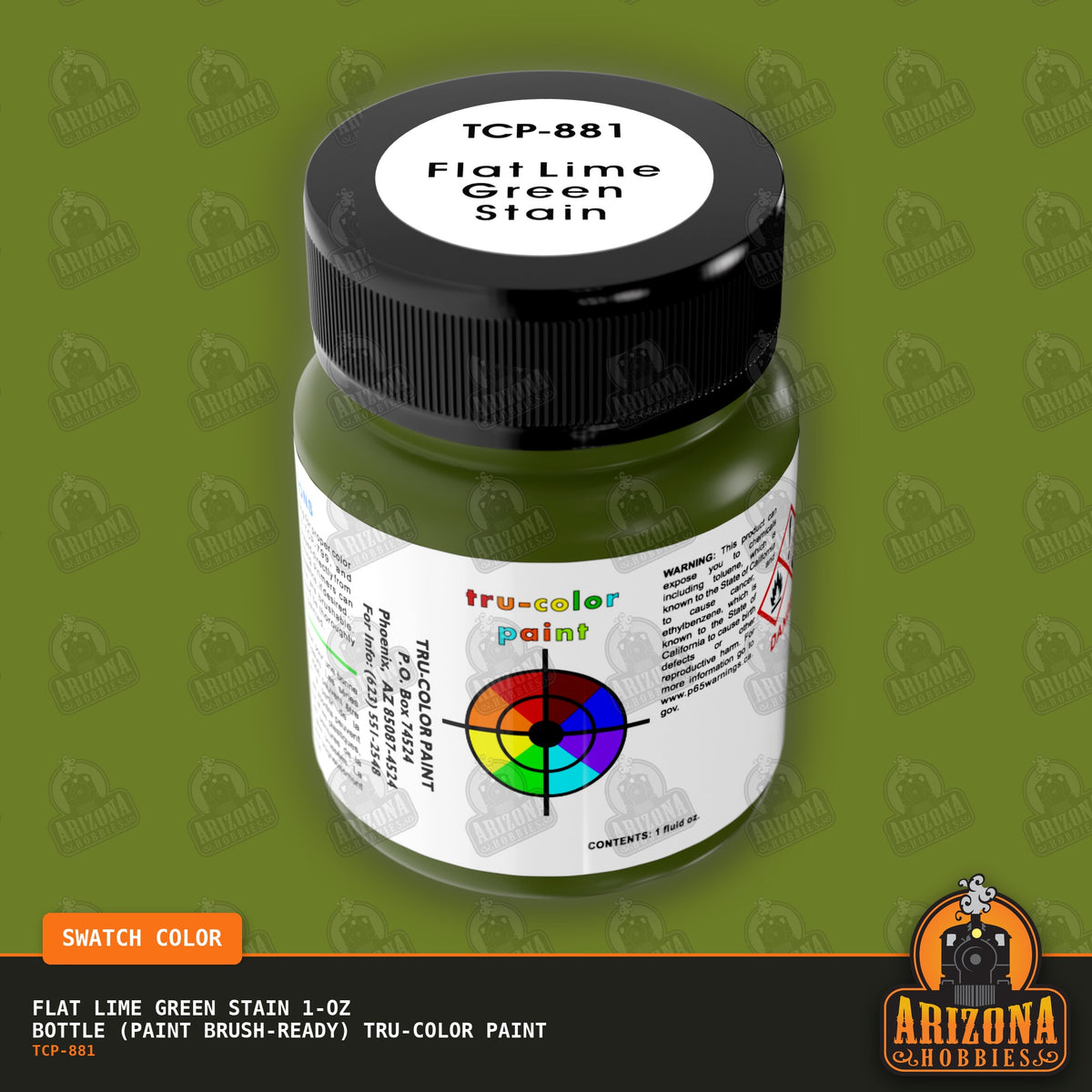 Flat LIME GREEN STAIN 1-oz bottle (Paint brush) Tru-Color Paint-with color swatch-Arizona Hobbies