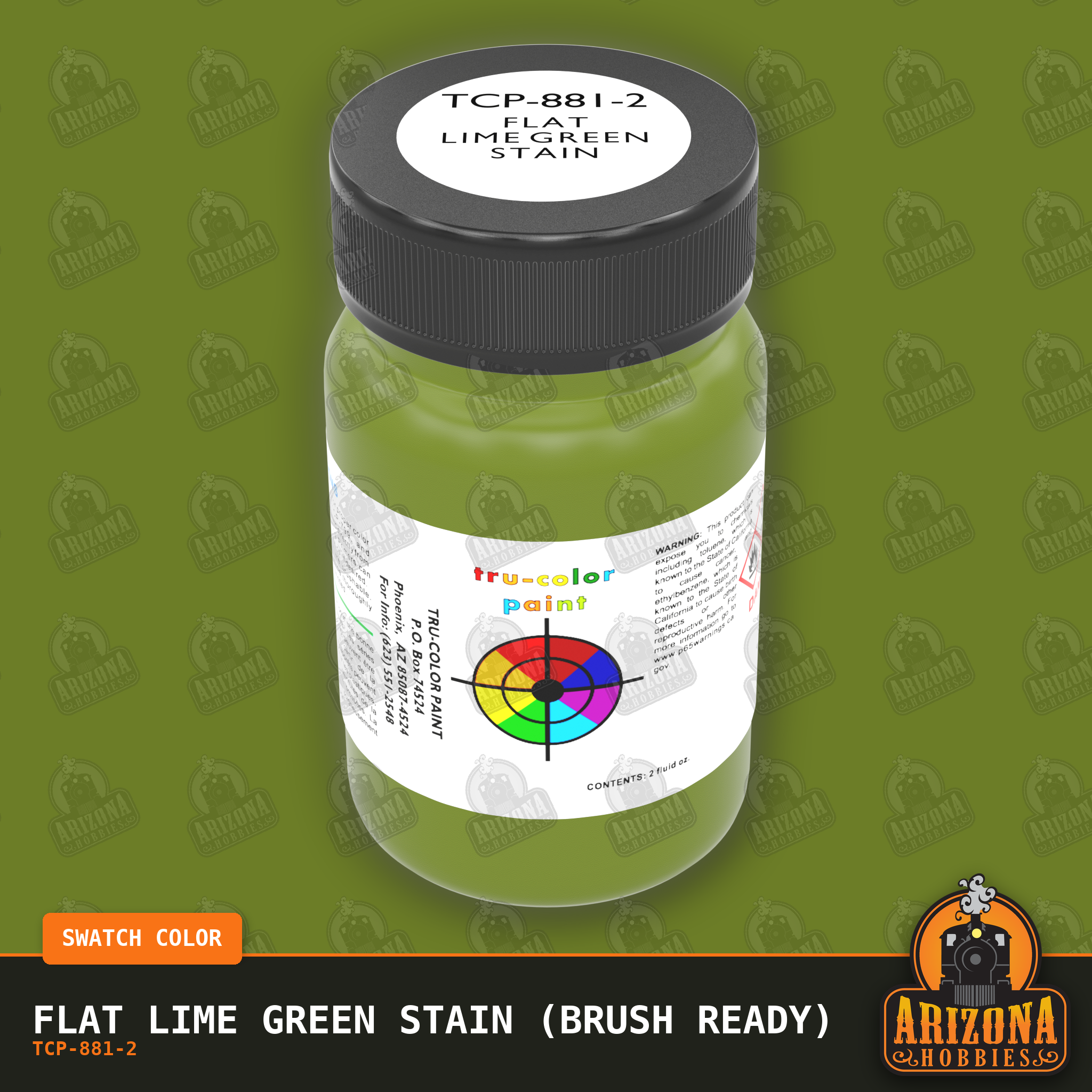 Flat LIME GREEN STAIN 2-oz bottle (Paint brush) Tru-Color Paint SPECIAL ORDER ONLY-with color swatch-Arizona Hobbies