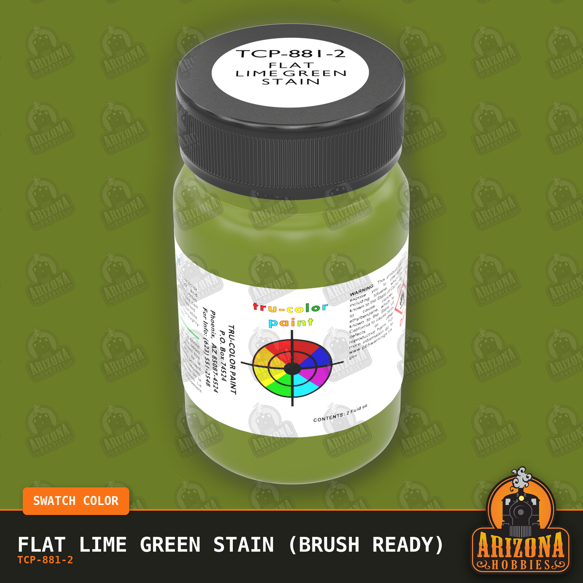 Flat LIME GREEN STAIN 2-oz bottle (Paint brush) Tru-Color Paint SPECIAL ORDER ONLY-with color swatch-Arizona Hobbies