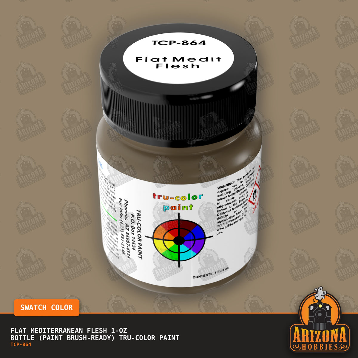 Flat MEDITERRANEAN FLESH 1-oz bottle (Paint brush) Tru-Color Paint-with color swatch-Arizona Hobbies