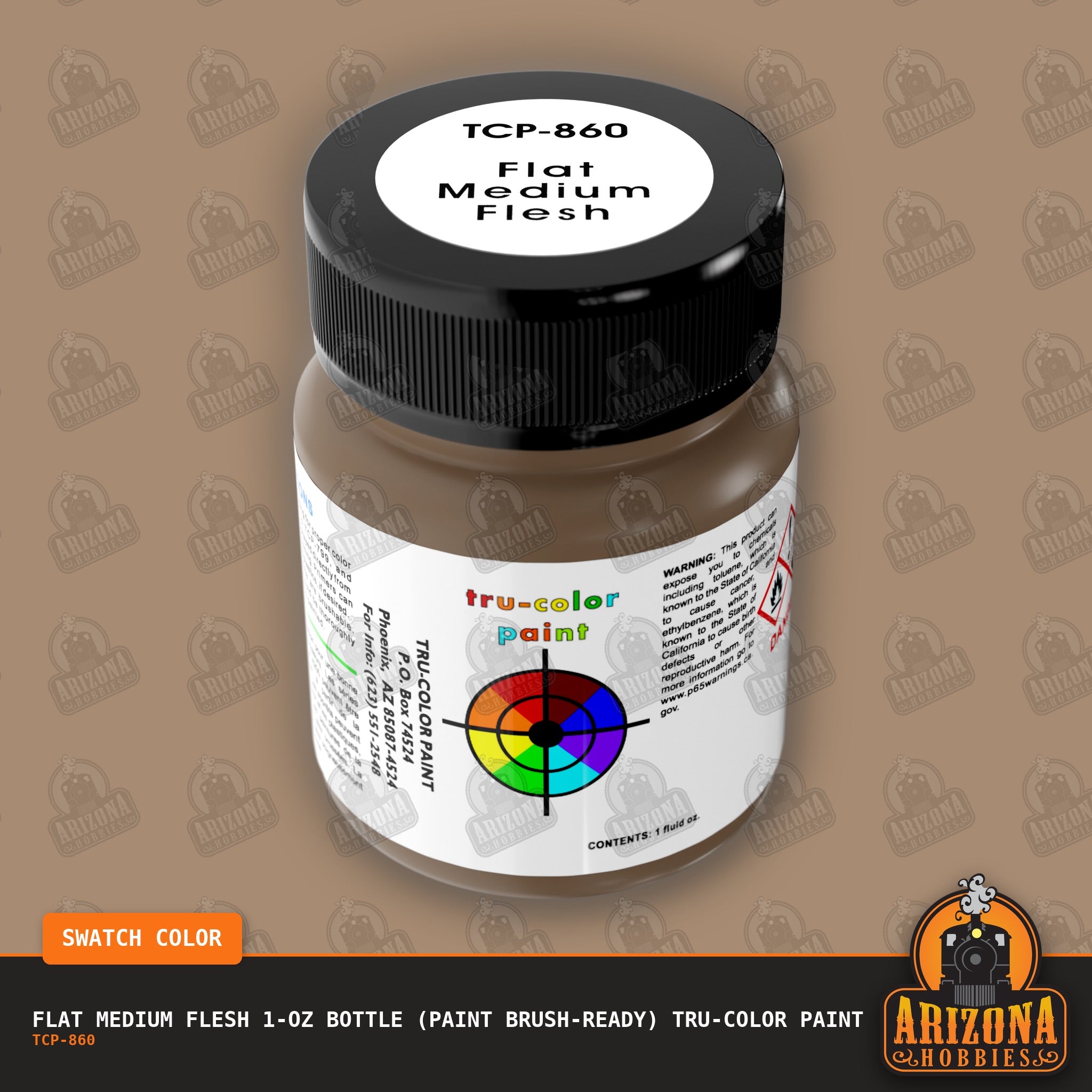 Flat MEDIUM FLESH 1-oz bottle (Paint brush) Tru-Color Paint-with color swatch-Arizona Hobbies