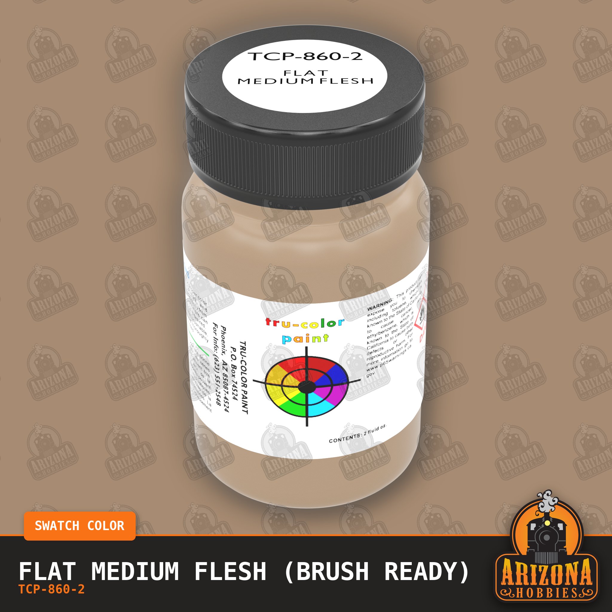 Flat MEDIUM FLESH 2-oz bottle (Paint brush) Tru-Color Paint SPECIAL ORDER ONLY-with color swatch-Arizona Hobbies