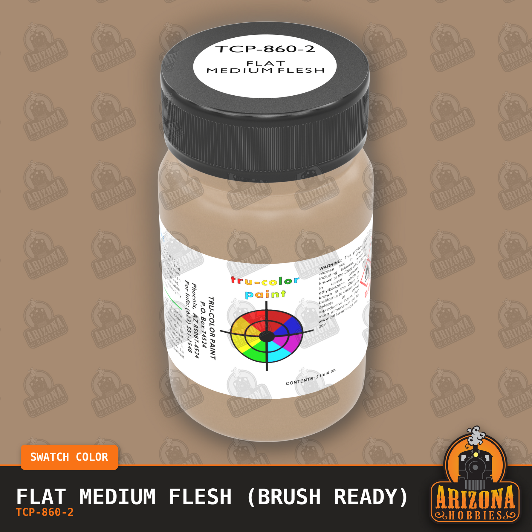 Flat MEDIUM FLESH 2-oz bottle (Paint brush) Tru-Color Paint SPECIAL ORDER ONLY-with color swatch-Arizona Hobbies
