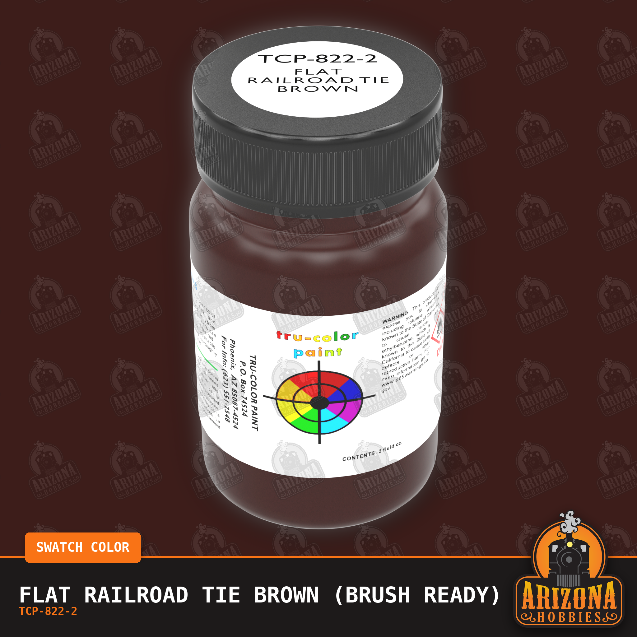 Flat RAILROAD TIE BROWN 2-oz bottle (Paint brush) Tru-Color Paint SPECIAL ORDER ONLY-with color swatch-Arizona Hobbies
