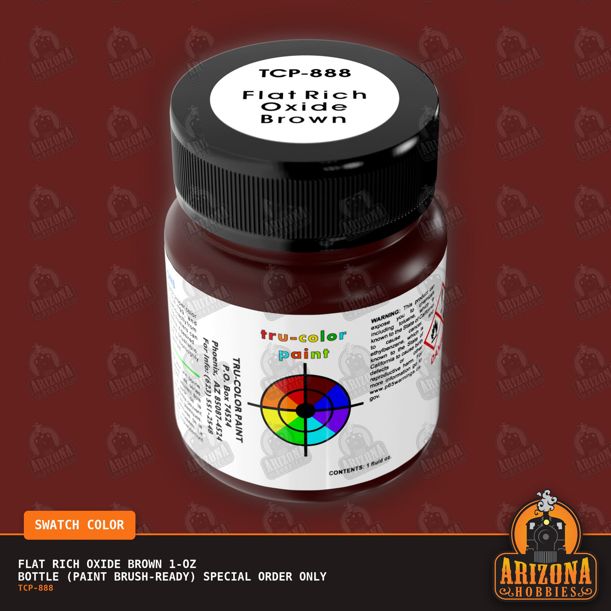 Flat RICH OXIDE BROWN 1-oz bottle (Paint brush) SPECIAL ORDER ONLY-with color swatch-Arizona Hobbies