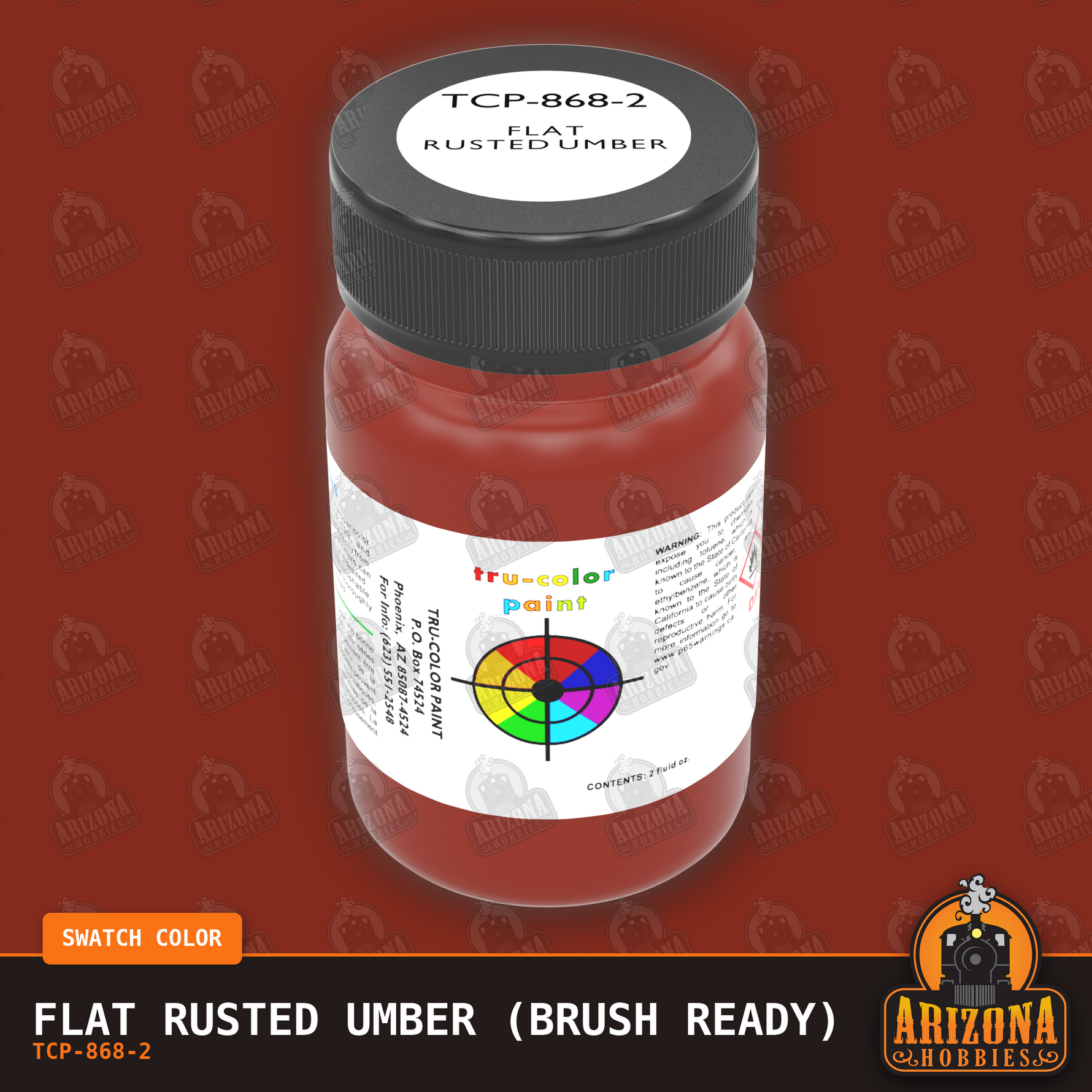Flat RUSTED UMBER 2-oz bottle (Paint brush) Tru-Color Paint SPECIAL ORDER ONLY-with color swatch-Arizona Hobbies