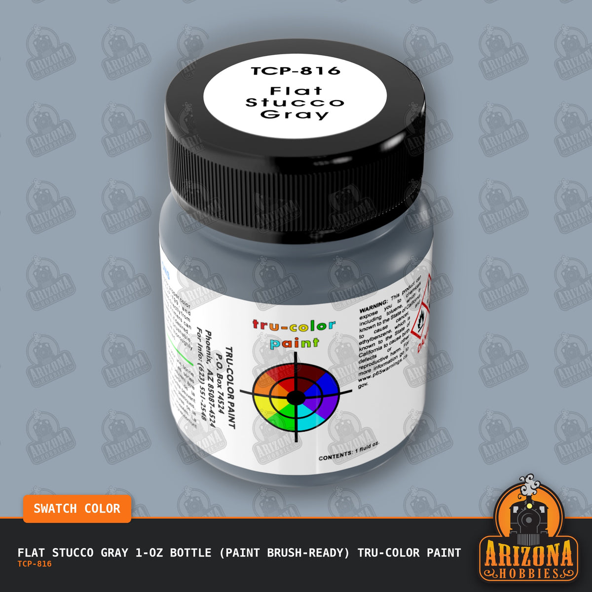 Flat STUCCO GRAY 1-oz bottle (Paint brush) Tru-Color Paint-with color swatch-Arizona Hobbies