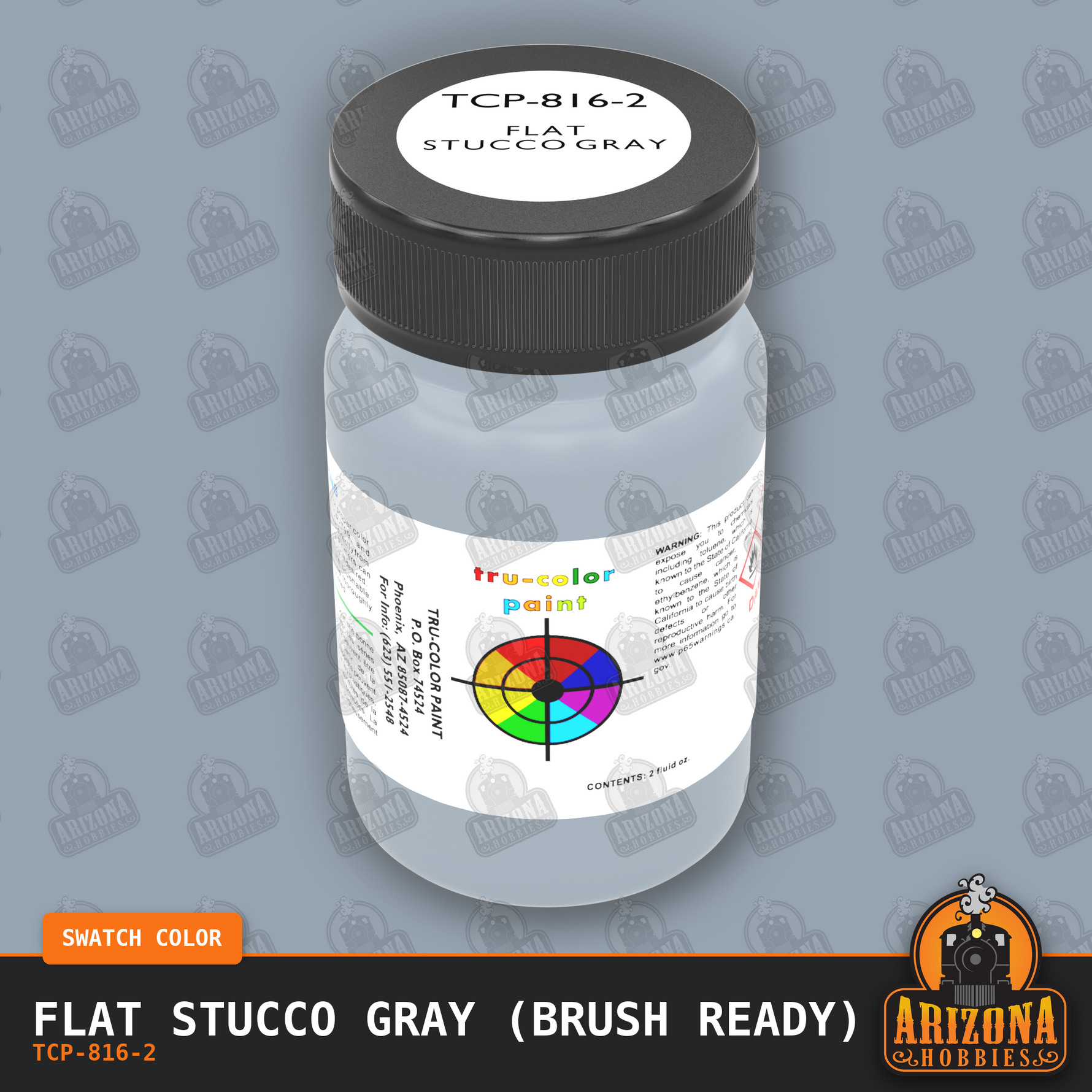 Flat STUCCO GRAY 2-oz bottle (Paint brush) Tru-Color Paint SPECIAL ORDER ONLY-with color swatch-Arizona Hobbies