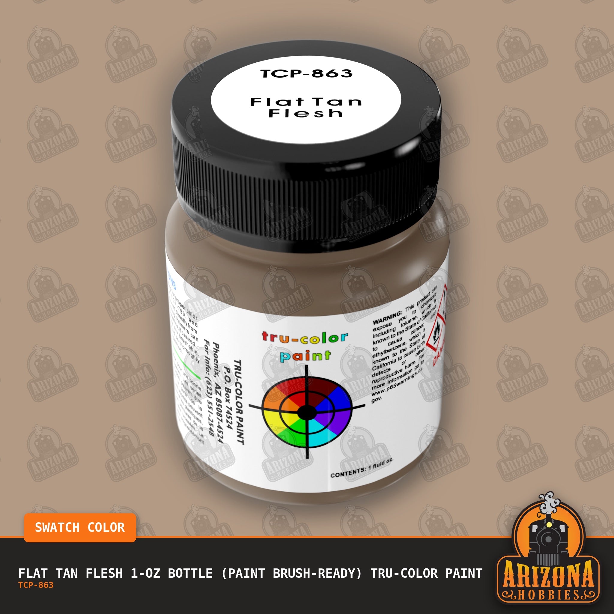 Flat TAN FLESH 1-oz bottle (Paint brush) Tru-Color Paint-with color swatch-Arizona Hobbies