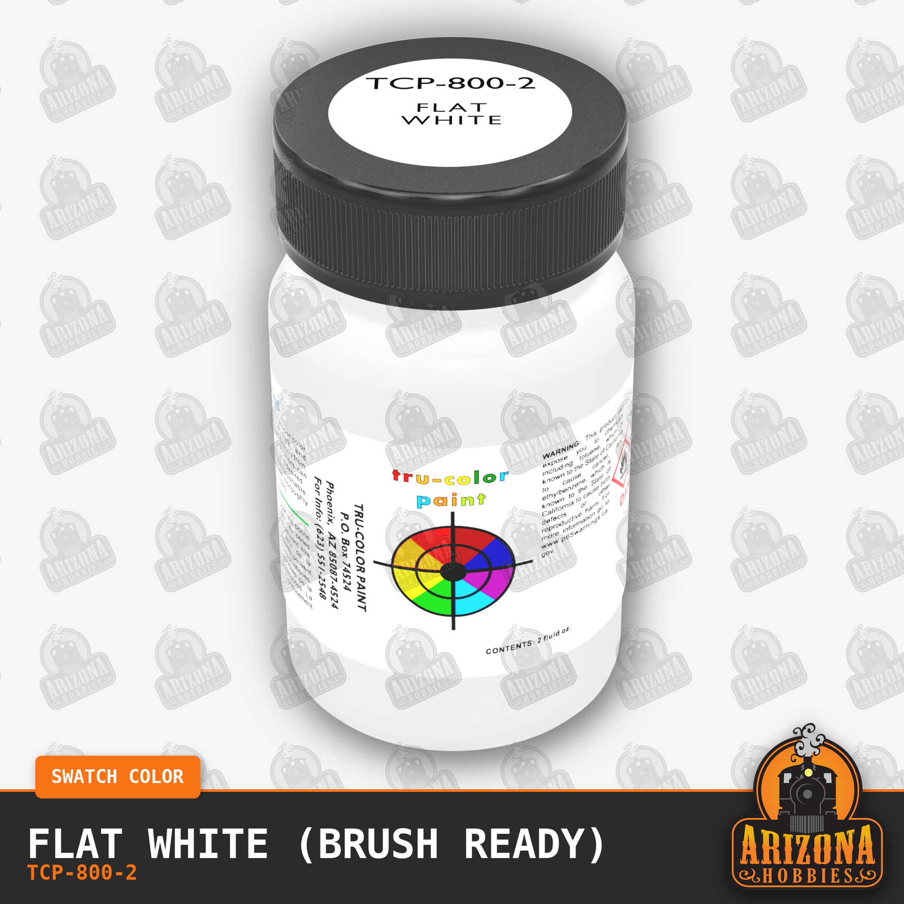 Flat WHITE 2-oz bottle (Paint brush) Tru-Color Paint SPECIAL ORDER ONLY-with color swatch-Arizona Hobbies