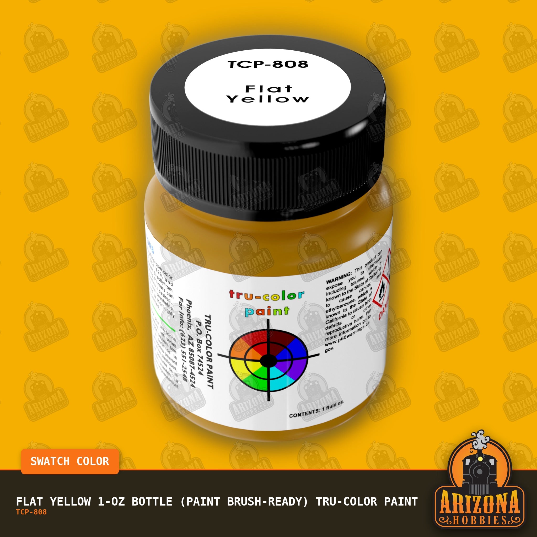 Flat YELLOW 1-oz bottle (Paint brush) Tru-Color Paint-with color swatch-Arizona Hobbies