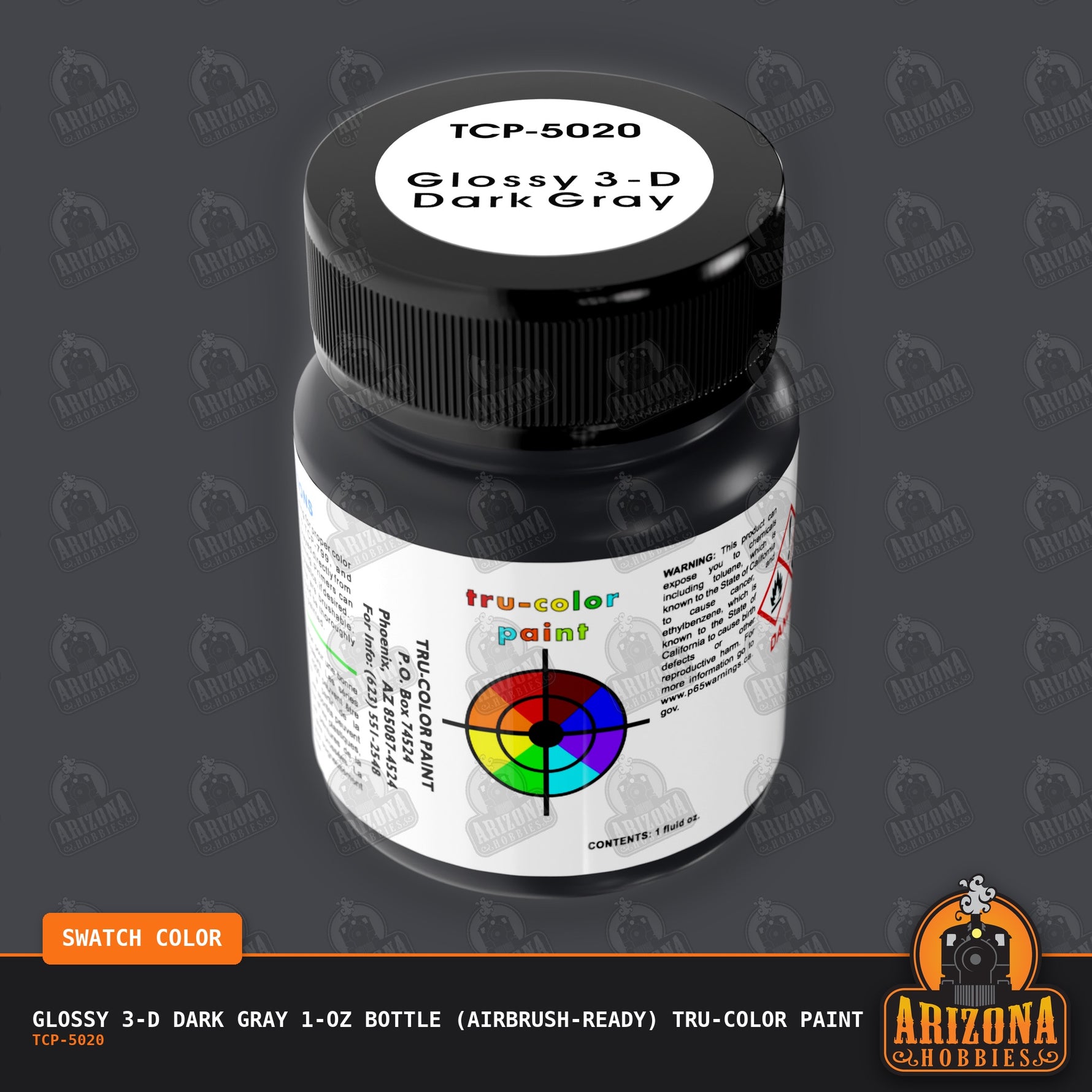Glossy 3-D DARK GRAY 1-oz bottle (Air-brush) Tru-Color Paint-with color swatch-Arizona Hobbies