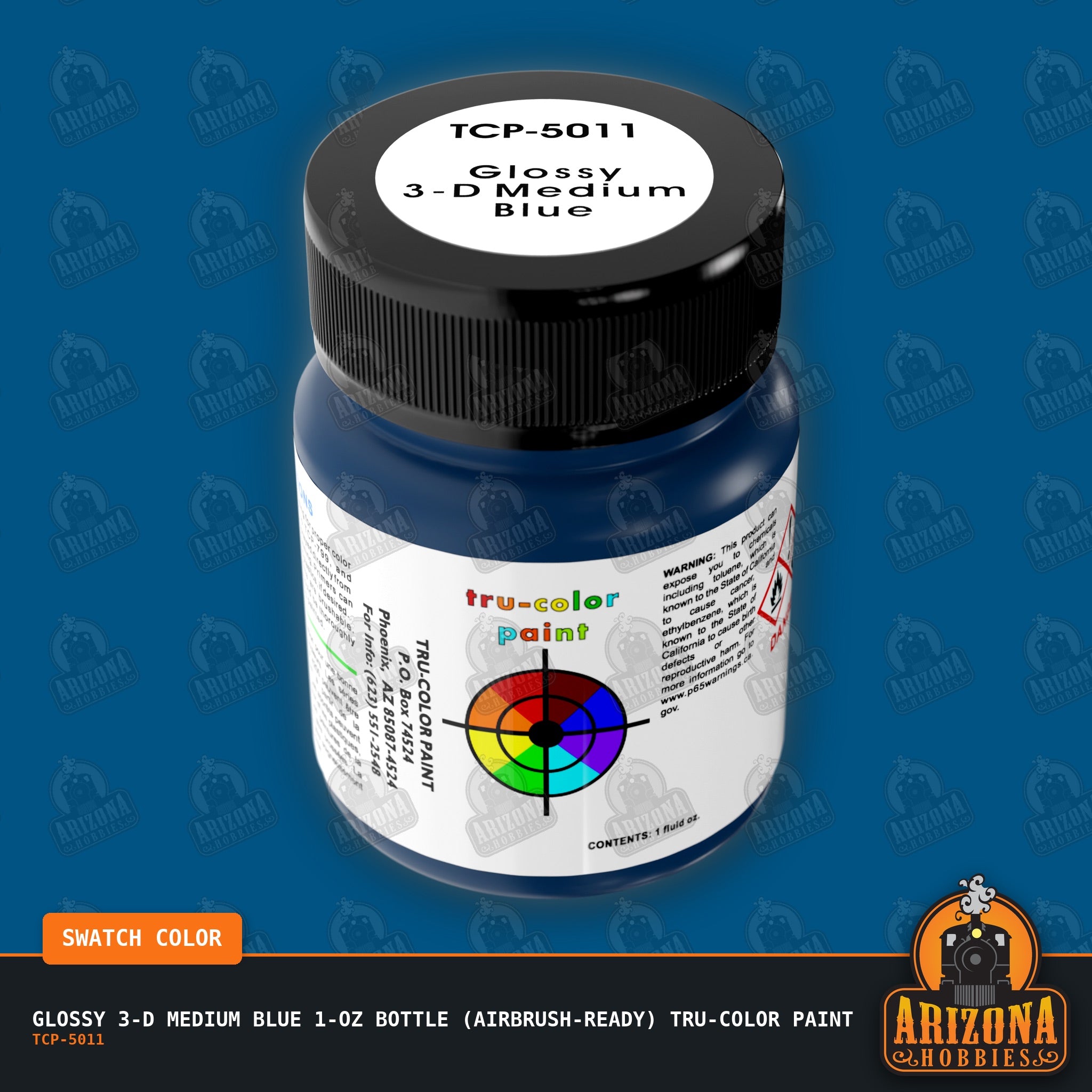 Glossy 3-D MEDIUM BLUE 1-oz bottle (Air-brush) Tru-Color Paint-with color swatch-Arizona Hobbies
