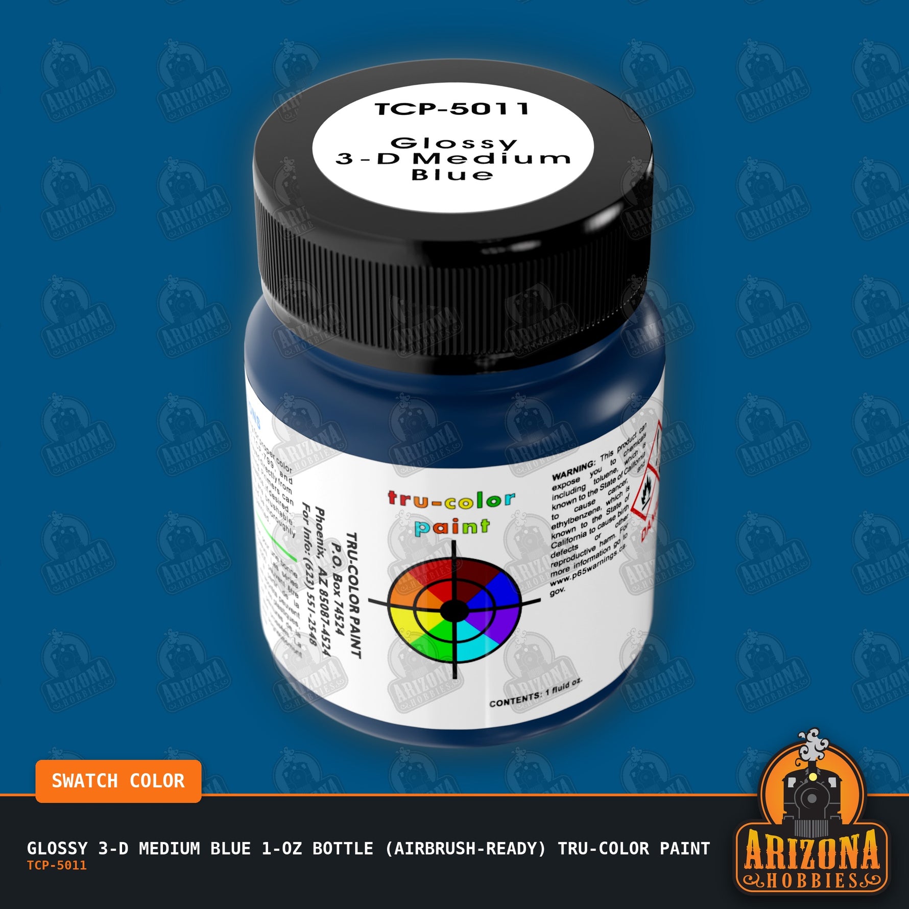 Glossy 3-D MEDIUM BLUE 1-oz bottle (Air-brush) Tru-Color Paint-with color swatch-Arizona Hobbies