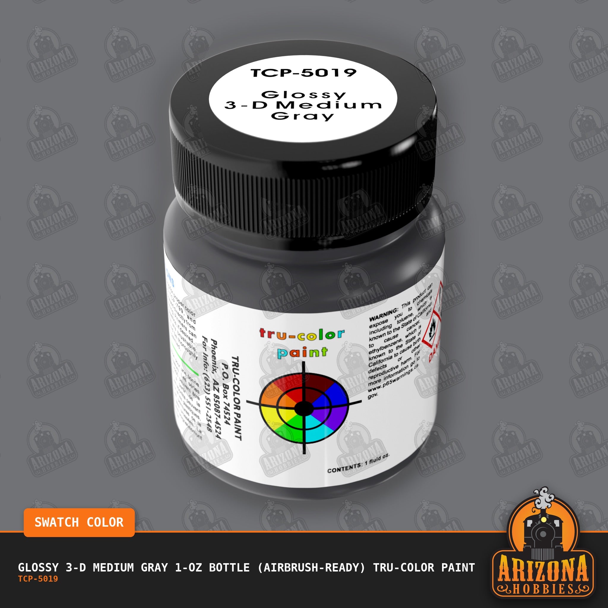 Glossy 3-D MEDIUM GRAY 1-oz bottle (Air-brush) Tru-Color Paint-with color swatch-Arizona Hobbies