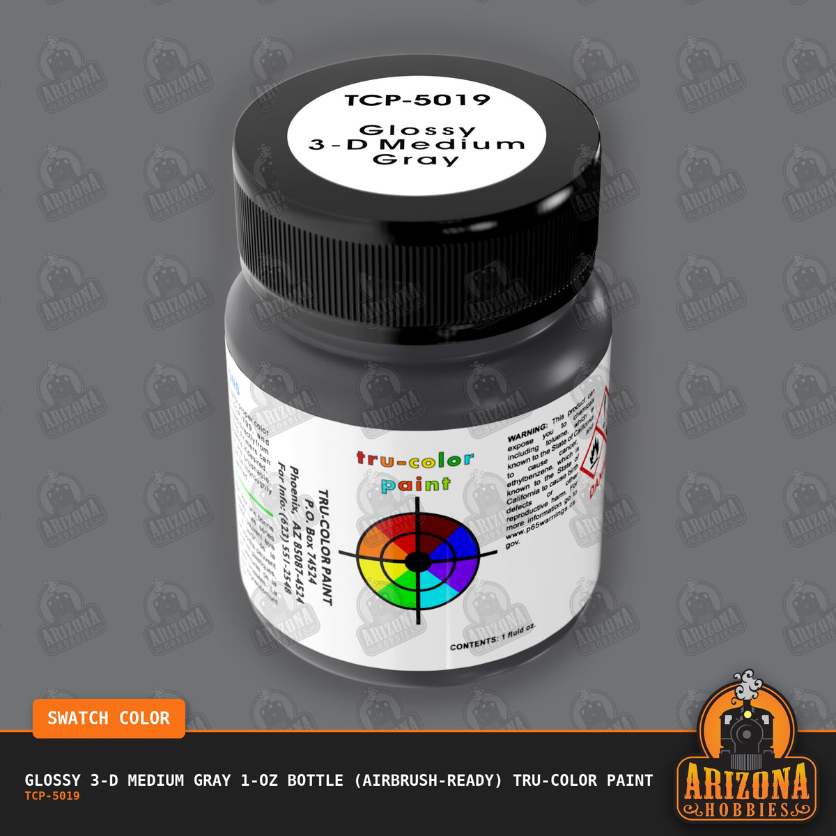 Glossy 3-D MEDIUM GRAY 1-oz bottle (Air-brush) Tru-Color Paint-with color swatch-Arizona Hobbies
